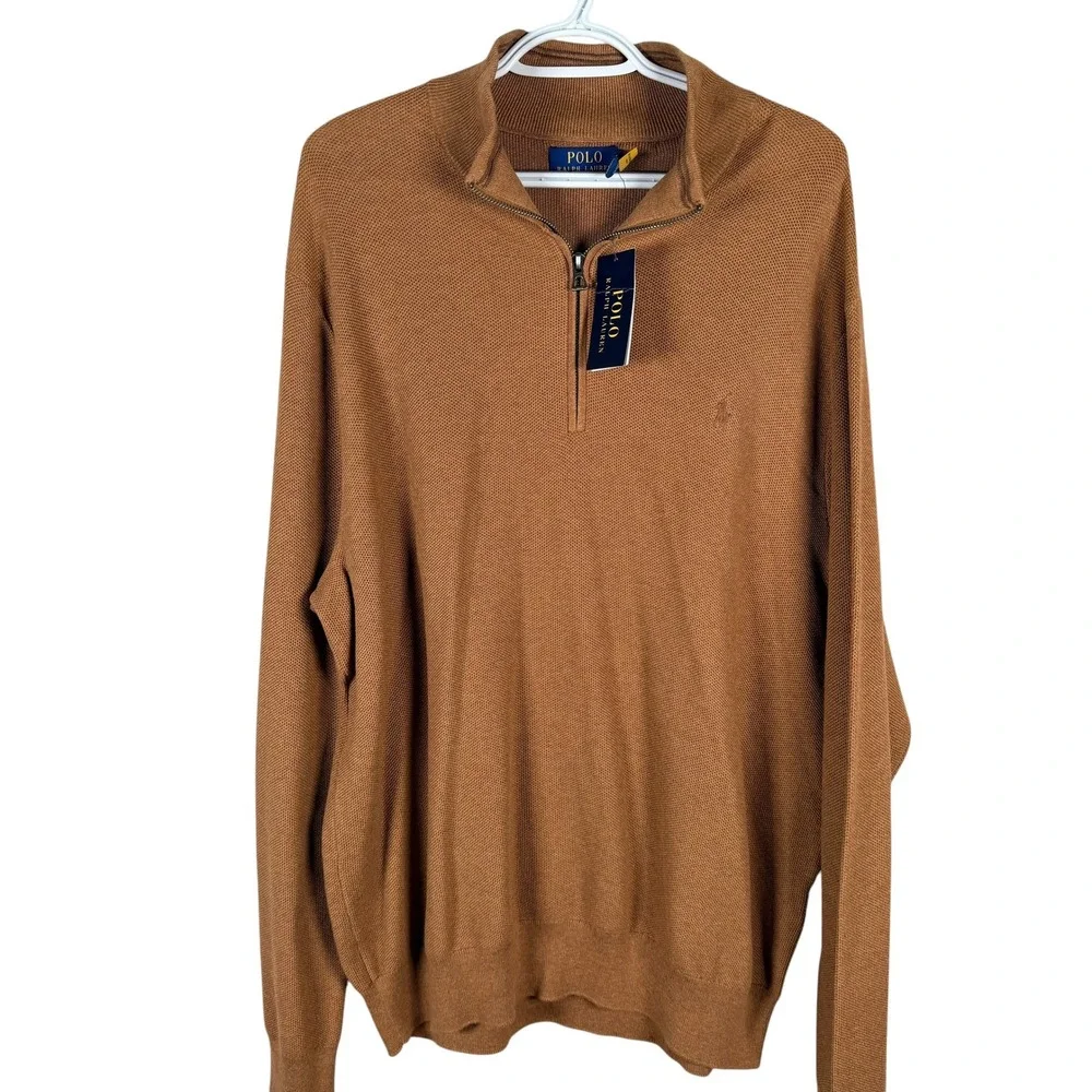Polo Ralph Lauren 1/4 Zip Sweater Mens XXL Brown Cotton Knit Pullover Textured
